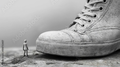 Tiny figure standing next to a giant shoe in grayscale