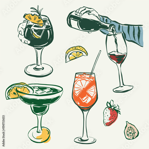 Vector Christmas alcohol set of cocktails. Hand-drawn drink objects and elements: wineglass, bottles and fruits isolated on beige background. Illustration for design, print, fabric or background.