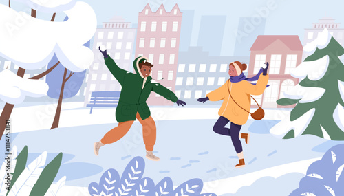 Snowball fight. Young people boy and girl playing snowballs fight. Female and male characters having fun with snow, winter games. Winter leisure outdoors activity cartoon flat vector illustration.