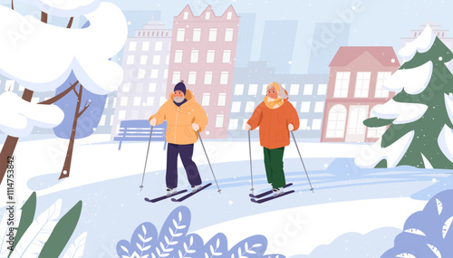 Senior people skiing on public park, cityscape background. Happy elderly couple doing sport outside. Active healthy lifestyle concept. Vector flat cartoon illustration of winter outdoor leisure.
