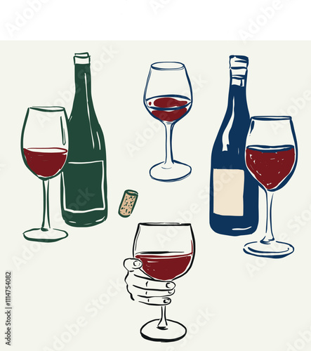 Vector Christmas alcohol set of wineglasses and bottles. Hand-drawn drink objects and elements on beige background. Illustration for design, print, fabric or background.