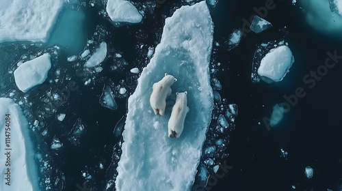 Drone view of two polar bears walking on a melting iceberg photo