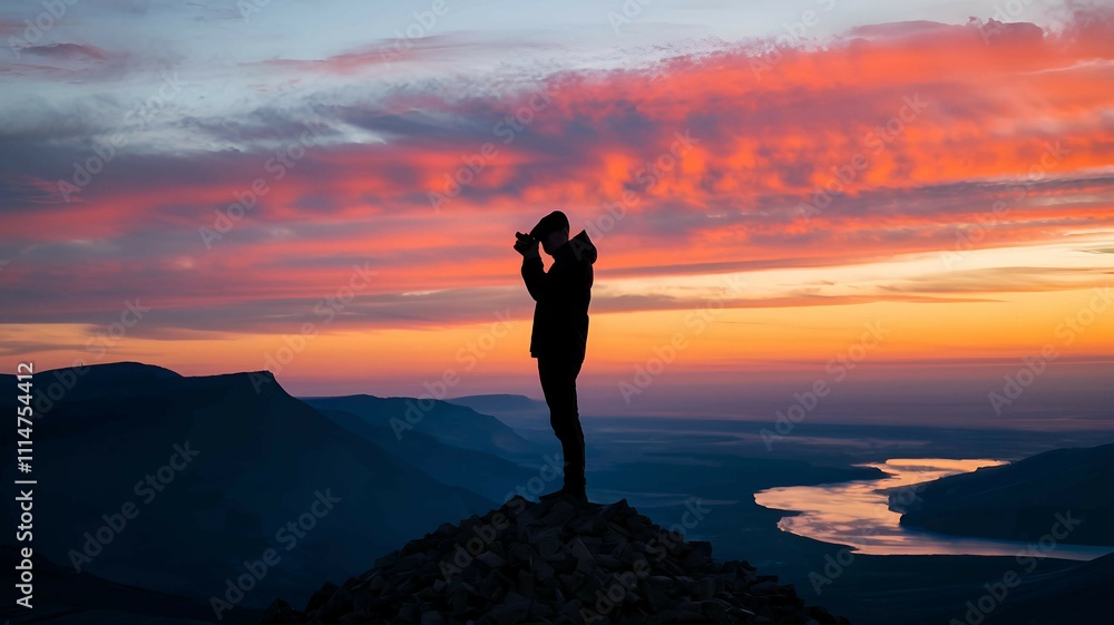 Fototapeta premium adventurer watching a vibrant sunset from a mountaintop symbolizing personal growth and exploration
