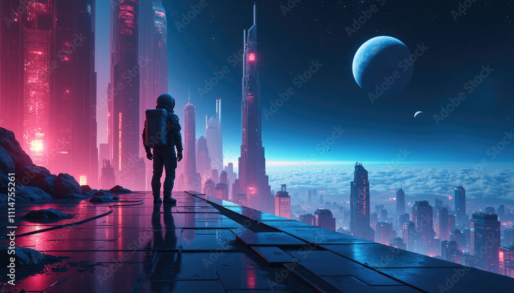 Fototapeta premium A lone astronaut gazes upon a futuristic cityscape enveloped in clouds under a celestial backdrop.