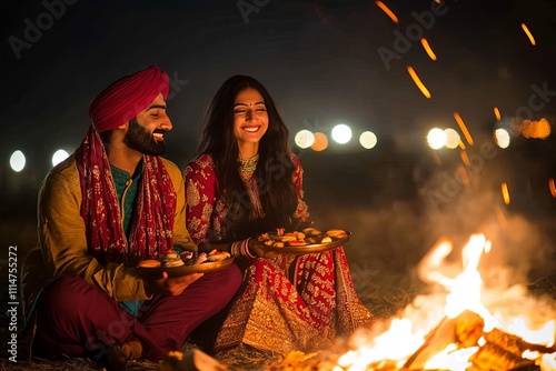 Young couple sitting near a glowing Lohri bonfire, wearing colorful Punjabi attire, holding plates of festive treats. The scene captures a joyful and cozy mood, celebrating the traditional festival