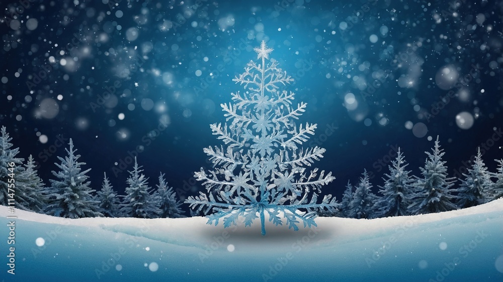 Obraz premium Árbol de Navidad con copos de nieve y fondo azul invernal