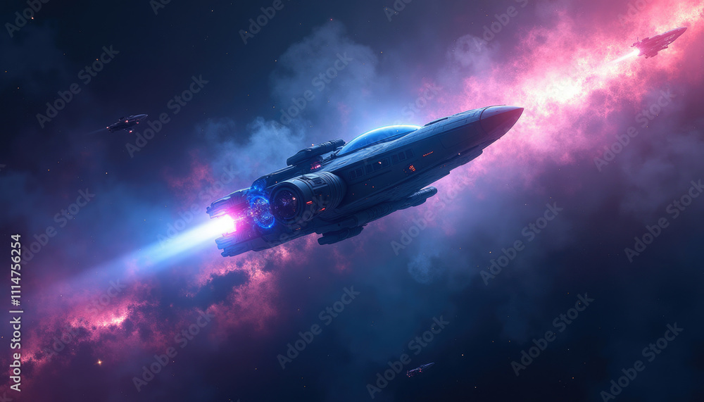 Futuristic spaceship travels through vibrant nebula in space. Futuristic spaceship travels through vibrant nebula in space.