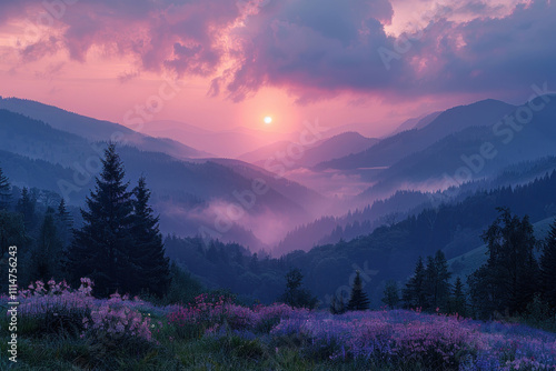 breathtaking sunrise in the mountains. The bright sun rises above thick layers of fog, turning the sky and clouds in shades of pink and purple. photo