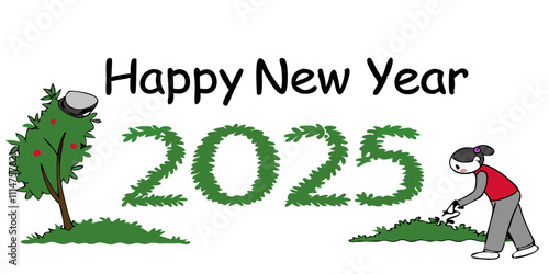 Shrubs trimmed into text "Happy New Year 2025" isolated on a white background. Perfect for wallpaper, web page, flyer, banner, poster, greetings card design and new year celebration