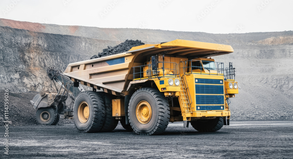 Large yellow dump truck filled with coal on mining site, excavator in background Large yellow dump truck filled with coal on mining site, excavator in background