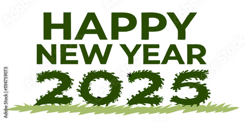  Shrubs trimmed into text "Happy New Year 2025" isolated on a white background. Perfect for wallpaper, web page, flyer, banner, poster, greetings card design and new year celebration