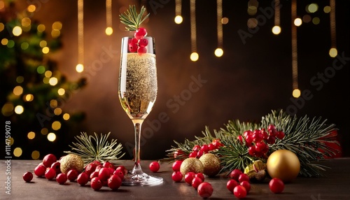 A champagne glass with a cranberry skewer garnish and sparkling holiday decor