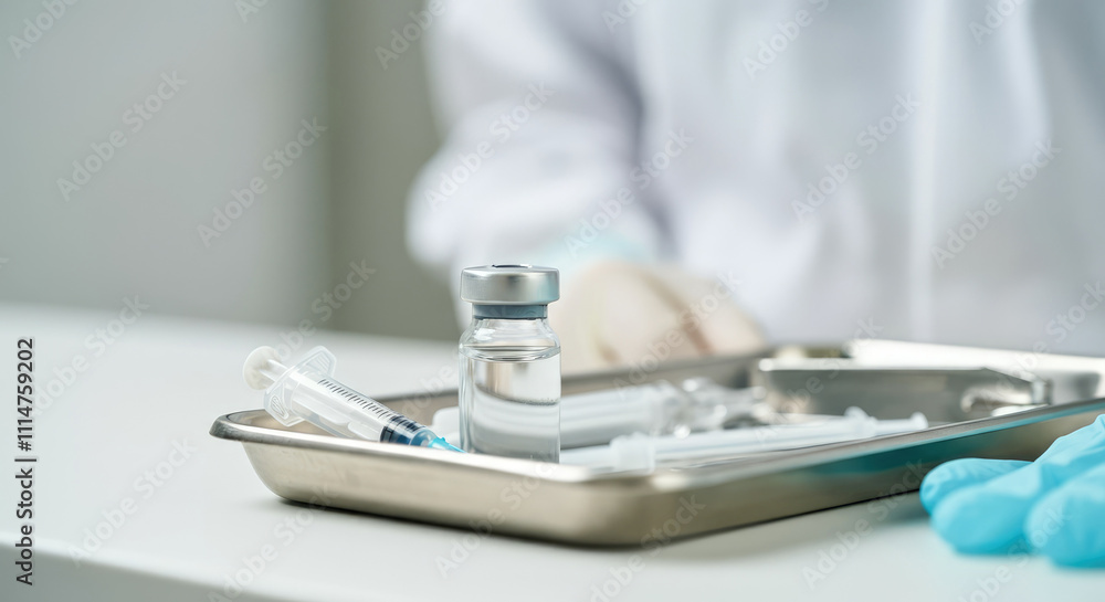 Fototapeta premium Medical professional preparing syringes and vial for injection, close-up