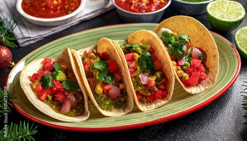 A Christmas taco platter styled with red and green salsa.