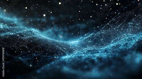 Abstract digital landscape.  Glowing blue network, dark background.