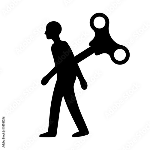Silhouette of a person walking with a wind-up key in his back: manipulation and control concept