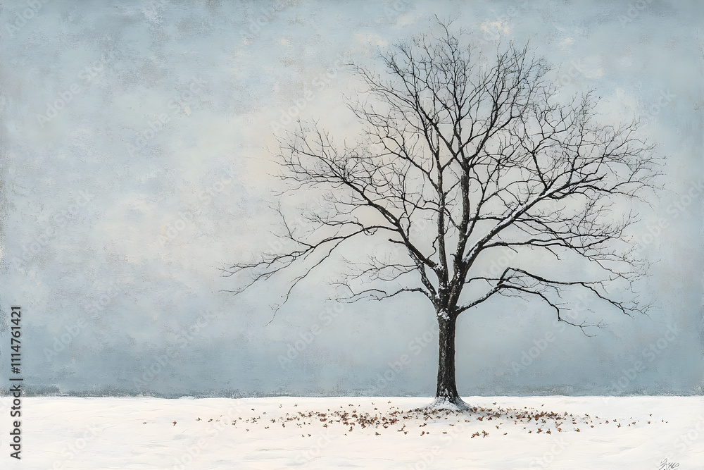 Fototapeta premium Solitary Tree in Winter's Embrace: Fallen Leaves Amidst the Snowy Silhouette