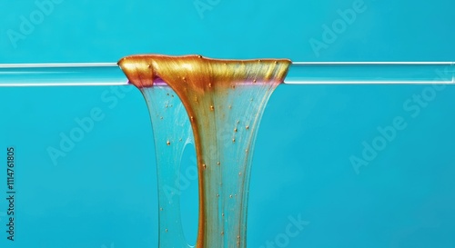 Thick, golden slime stretched on clear rod, set against blue background