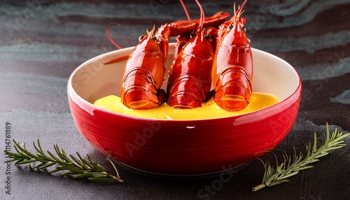 Lobster tails served with melted butter in a festive red bowl and sprigs of rosemary. photo