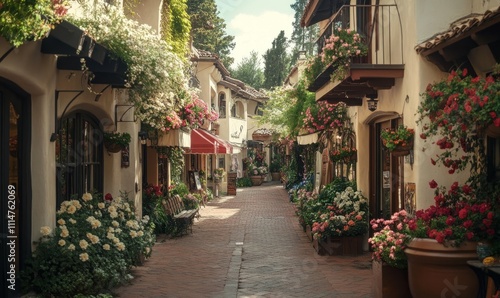 A picturesque street lined with quaint storefronts and blooming flower boxes captured in a grainy muted photo that transports the viewer to a time long ago. photo