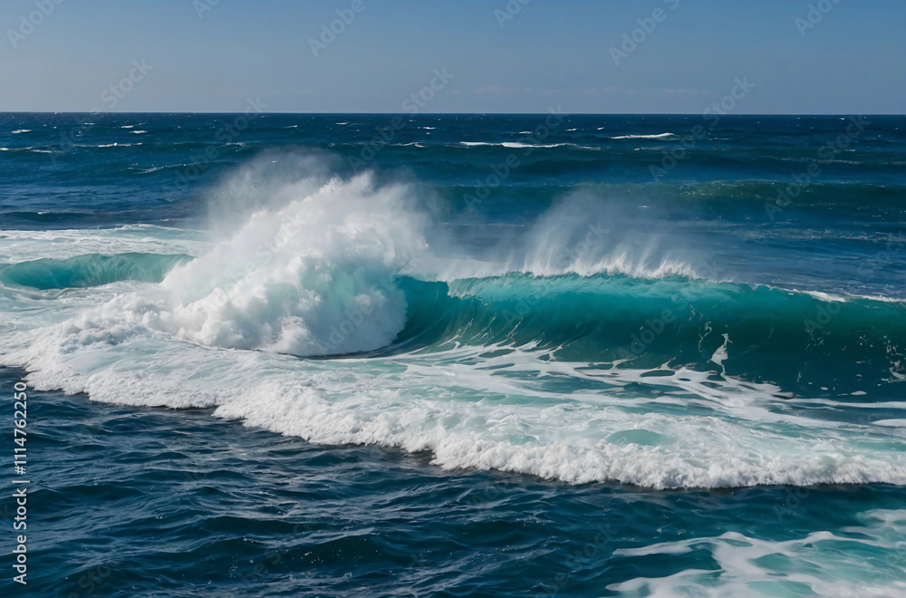 Fototapeta premium The ocean is calm and blue, with a large wave crashing against the shore