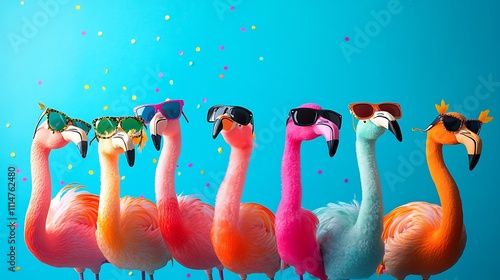 Six flamingos, each sporting colorful sunglasses, against a vibrant blue backdrop.  A fun, summery scene!