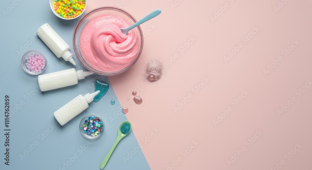 Craft supplies on pastel background with colorful beads, glitter, and bottles of slime activators Craft supplies on pastel background with colorful beads, glitter, and bottles of slime activators