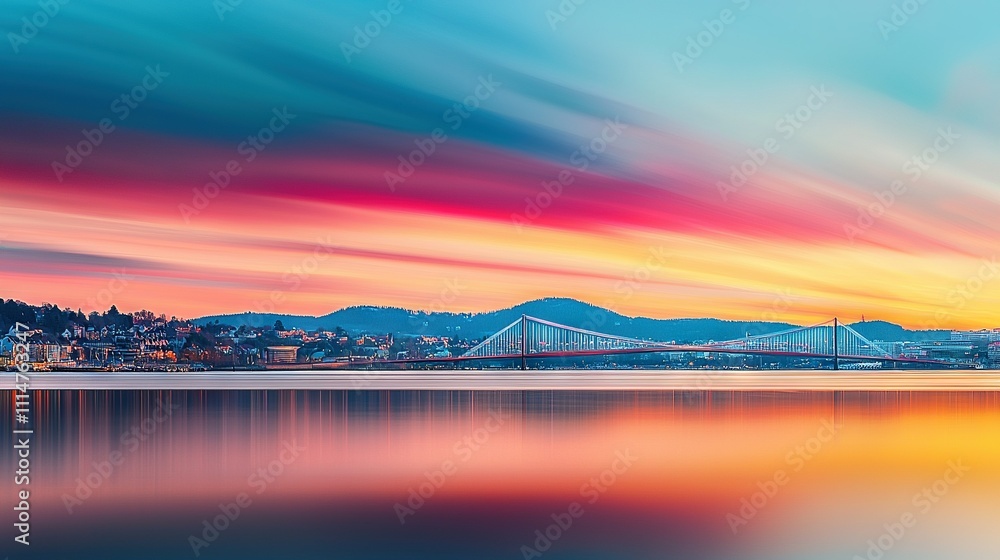 A breathtaking view of a bridge crossing over a tranquil body of water, with a vibrant cityscape in the backdrop and a stunning sunset gracing the foreground A breathtaking view of a bridge crossing over a tranquil body of water, with a vibrant cityscape in the backdrop and a stunning sunset gracing the foreground