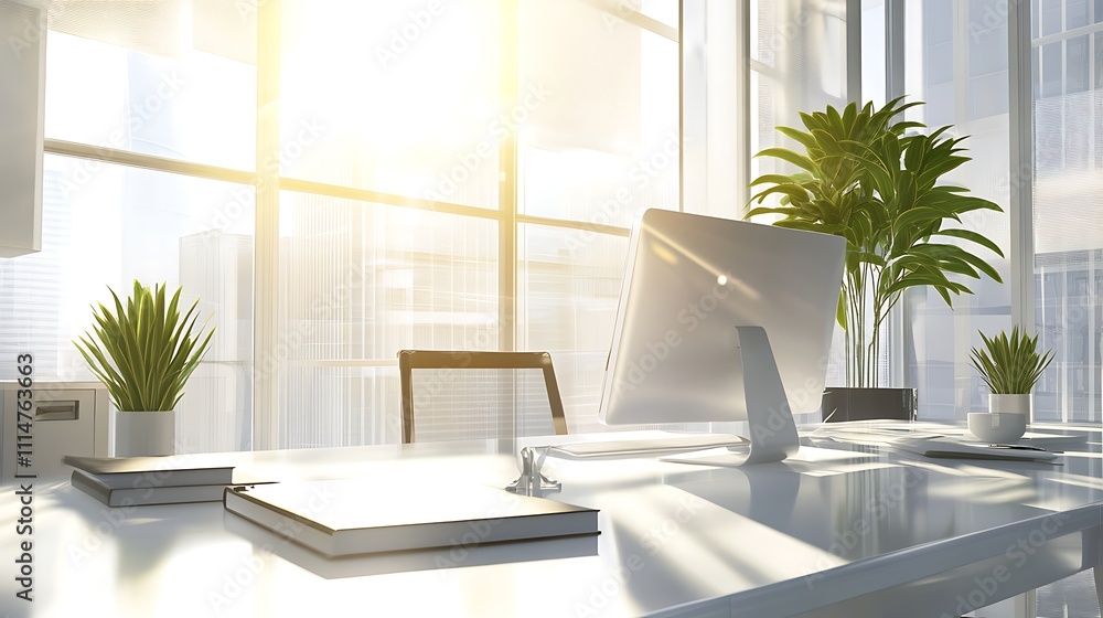 Fototapeta premium Sunlit modern office workspace with desktop computer and plants.