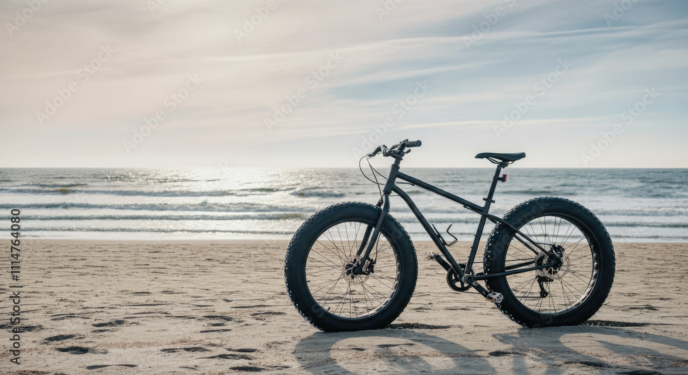 Fototapeta premium Fat tire bike on sandy beach at sunset, near ocean waves