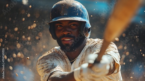 African American male baseball player swings bat, dirt flying in action-packed shot. photo