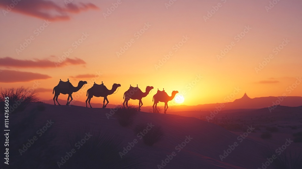 Fototapeta premium a Silhouettes of camels walking across a desert at sunset. Desert landsacpe illustration