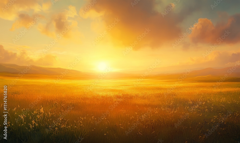 Obraz premium A golden sunrise illuminates a serene meadow, casting a warm glow over the landscape.