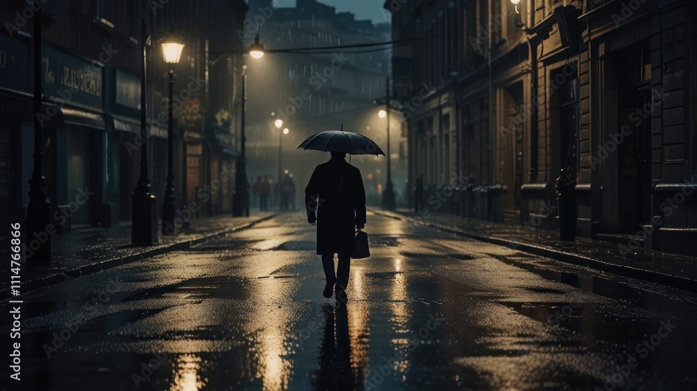Obraz premium Solitary figure walks under umbrella on rainy night street.