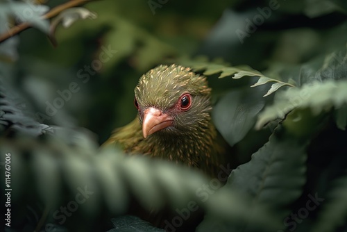 Green bird hidden among lush ferns in a tropical environment during daylight photo