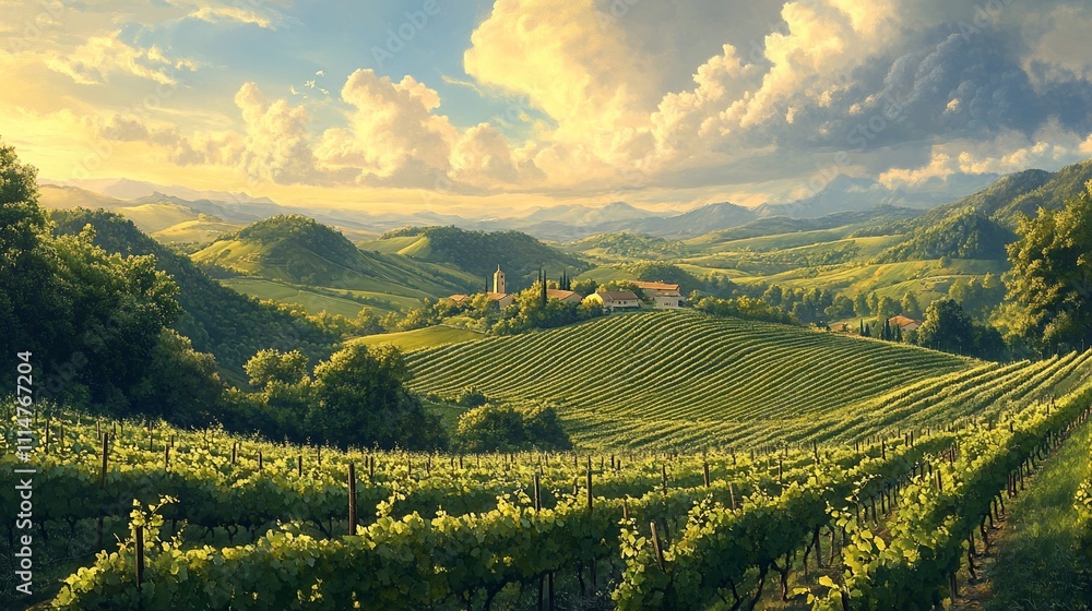 Fototapeta premium Scenic vineyard landscape at sunset with rolling hills, lush greenery, and a charming village.
