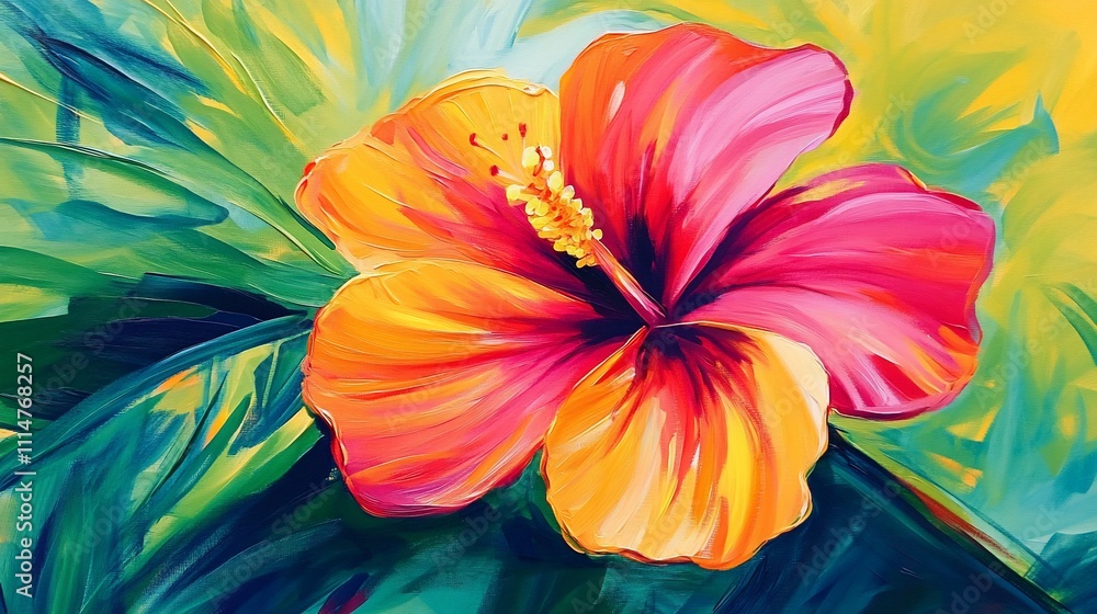 Vibrant hibiscus flower painting with bold colors and painterly brushstrokes. Vibrant hibiscus flower painting with bold colors and painterly brushstrokes.