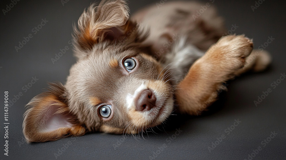 Playful brown puppy with bright blue eyes relaxing on a dark surface in a cozy setting Playful brown puppy with bright blue eyes relaxing on a dark surface in a cozy setting