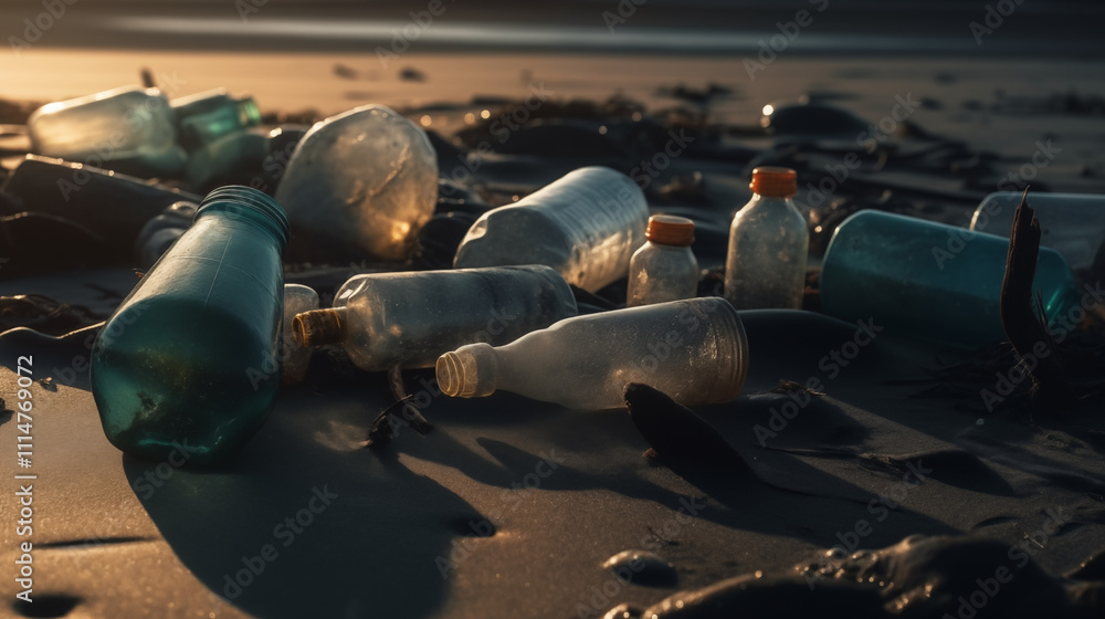 Obraz premium Scattered Glass and Plastic Bottles on Sandy Beach at Sunset
