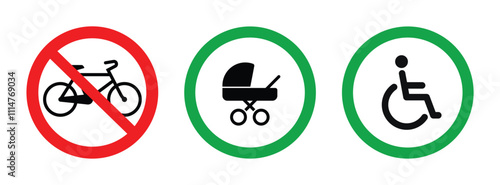 classic baby pram wheelchair access allowed prohibited no cycling bicycle bike permitted sign symbol simple set vector on transparent background
