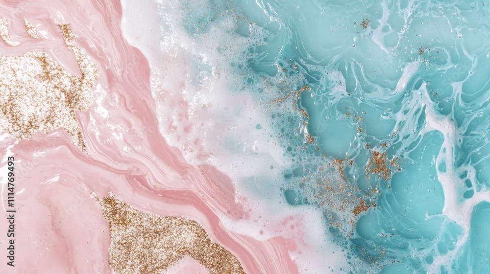 Obraz premium Pink and turquoise liquid marble effect with gold glitter creates a stunning visual design, perfect for backgrounds, invitations, or any project needing a touch of elegance and modern style