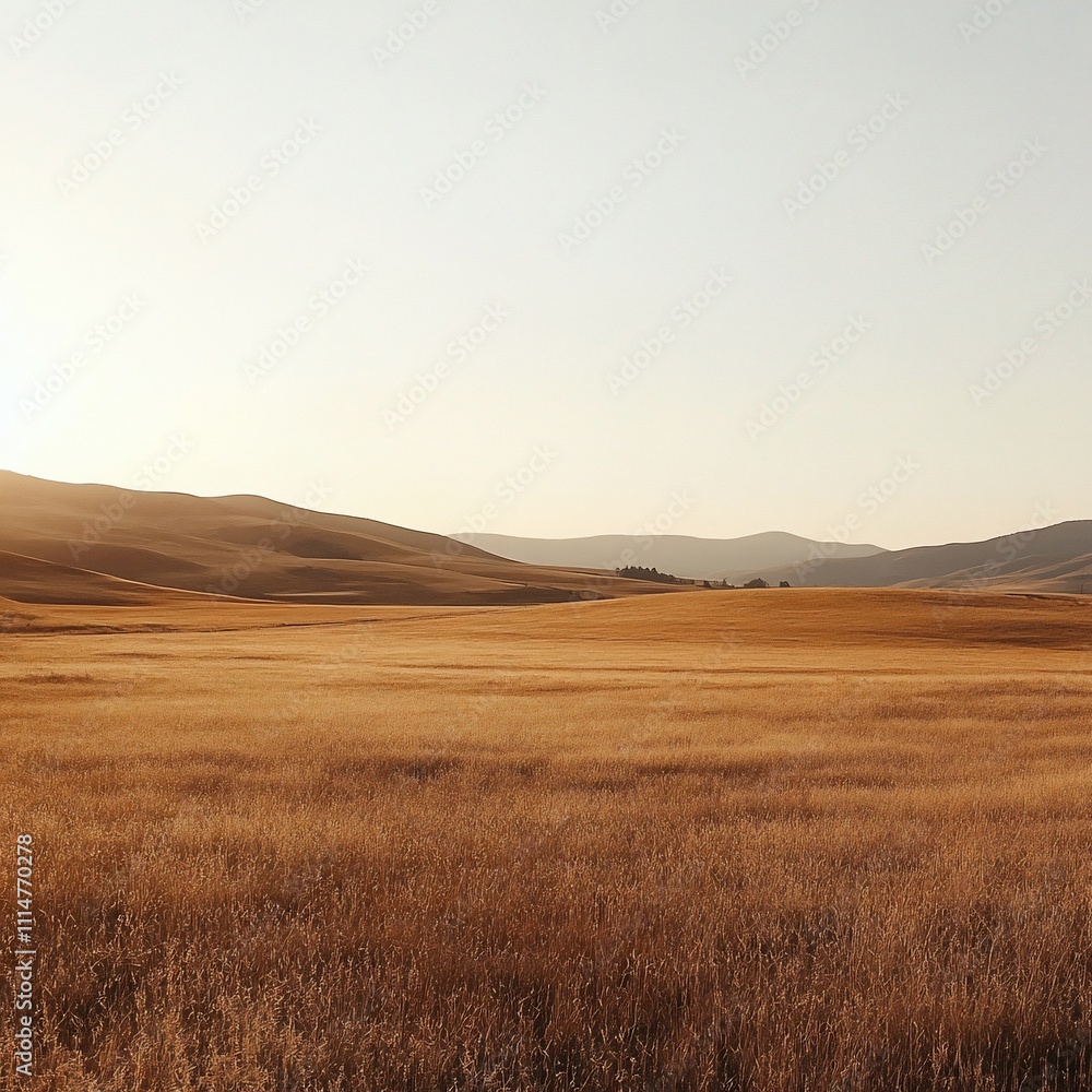 Fototapeta premium Golden field under a clear sky, rolling hills in the distance at sunset.