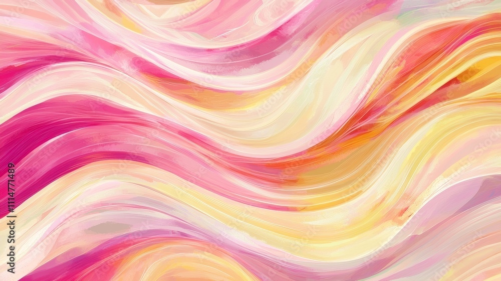 Fototapeta premium Pink, yellow and white brushstrokes creating a wavy pattern, ideal for backgrounds, banners, posters, textiles, and other design projects requiring a vibrant and dynamic aesthetic