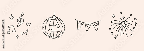 Wedding hand drawn doodle icon set - music, disco ball, flag pendant garland, fireworks. Sketch in organic style vector marriage symbol on white background for festive decoration invitation, card