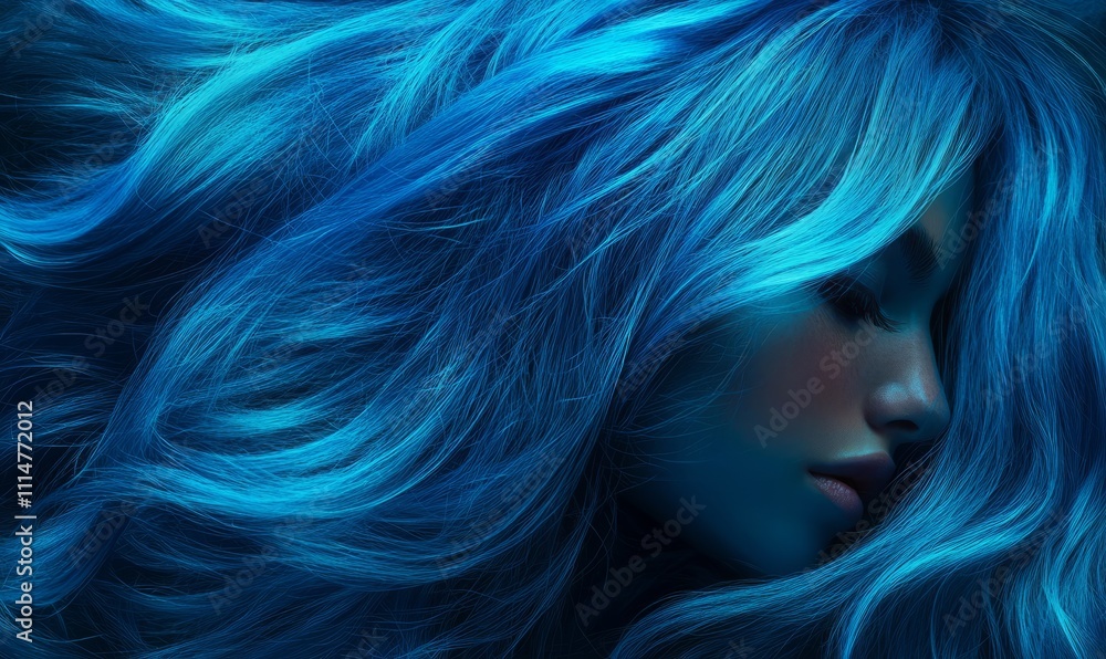 Naklejka premium A subject with long flowing hair dyed a bright electric blue cascading over shoulders.