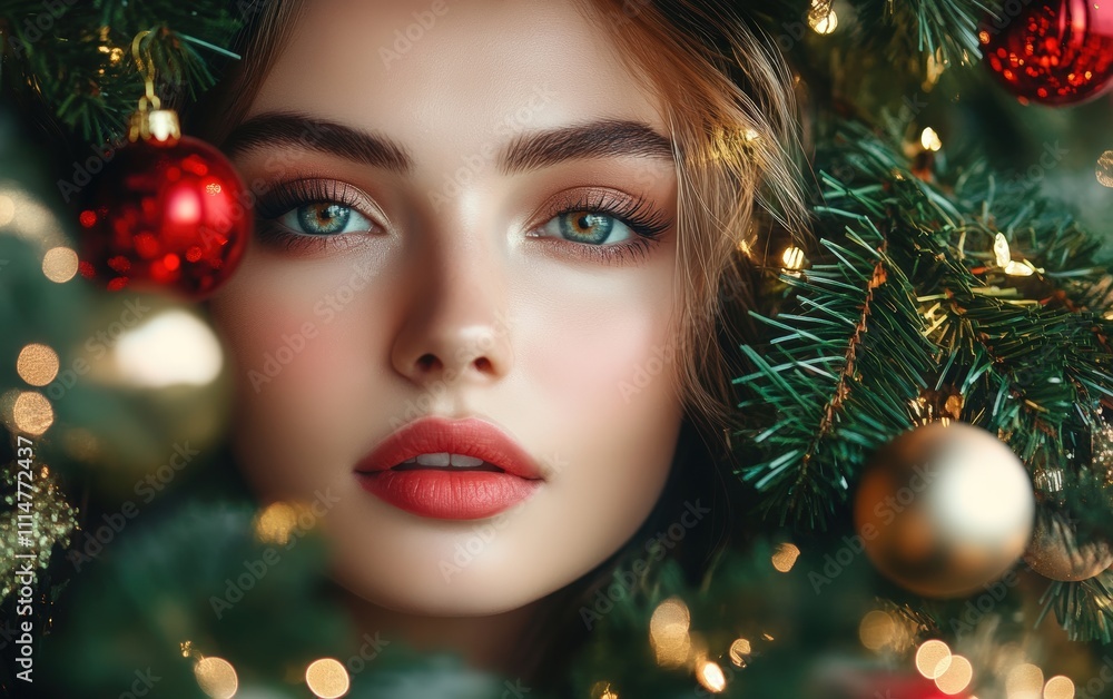 beautiful woman with make-up close-up portrait Christmas tree with ornaments background beautiful woman with make-up close-up portrait Christmas tree with ornaments background