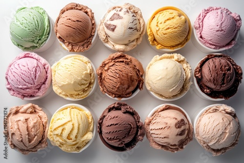 Ice cream scoops arranged to look like a bustling medieval market scene, each stall a different flavor.