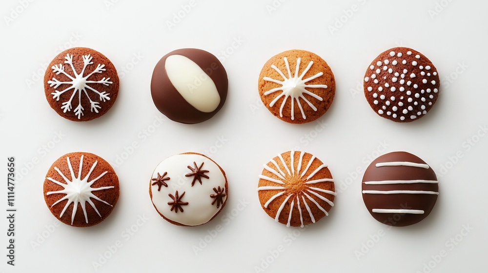 Obraz premium Nine beautifully adorned cookies rest atop a pure white table, embellished with icing and glittering sprinkles