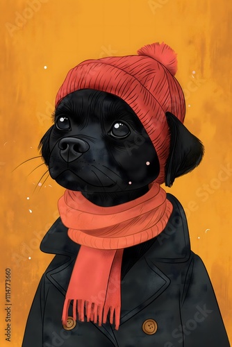 illustration of a black dog, with cap and scarf, on a yellowish orange background.