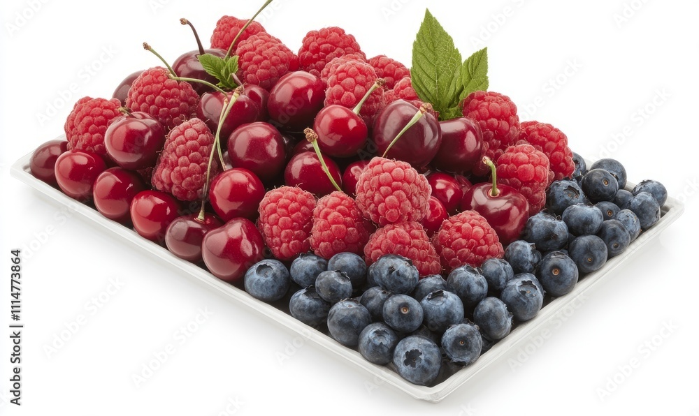 A vibrant assortment of fresh berries including raspberries, blueberries, and cherries, showcasing a mix of red and blue hues. A vibrant assortment of fresh berries including raspberries, blueberries, and cherries, showcasing a mix of red and blue hues.